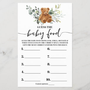 Bear Greenery Raten Sie die Baby Food Shower Game Flyer