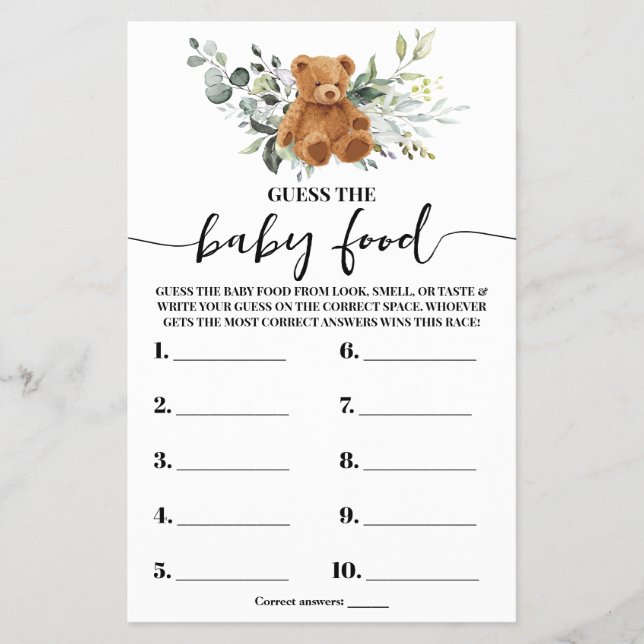 Bear Greenery Raten Sie die Baby Food Shower Game  Flyer (Vorne)