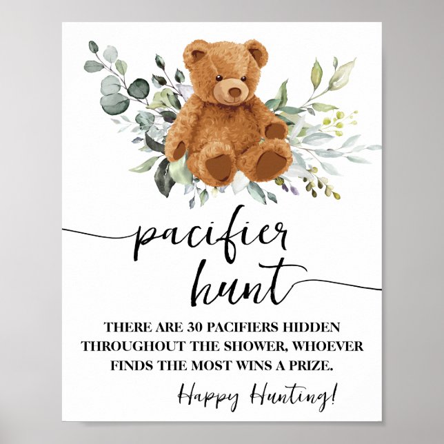 Bear Greenery Schnuller Hunt Baby Shower Game Schi Poster (Vorne)