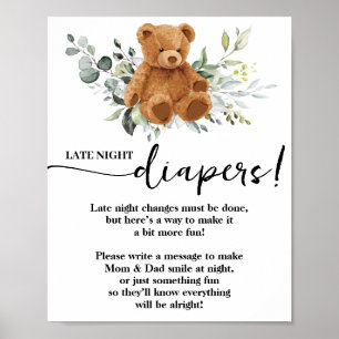 Bear Greenery Spate Night Diapers Baby Shower Game Poster