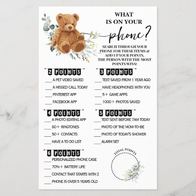 Bear Greenery Was auf Ihrer Phone Shower Game Card Flyer (Vorne)