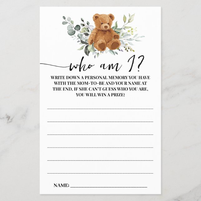 Bear Greenery Who is I Baby Shower Game Card Flyer (Vorne)