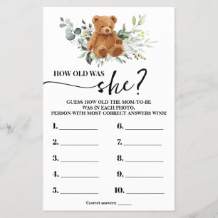 Bear Greenery Wie alt Mama Baby Shower Game Card Flyer