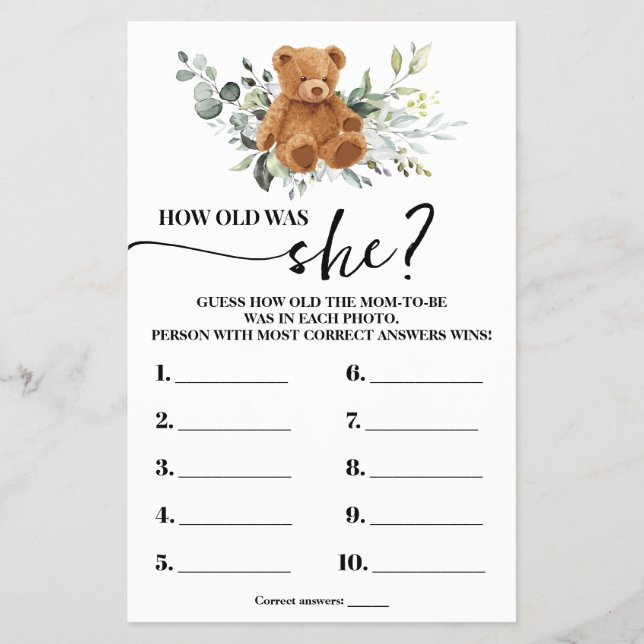 Bear Greenery Wie alt Mama Baby Shower Game Card Flyer (Vorne)
