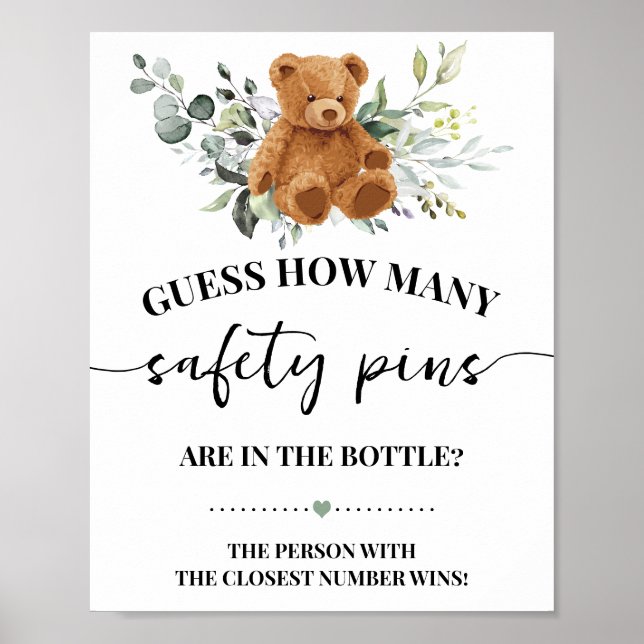Bear Greenery Wie viele Safety Button Baby Shower  Poster (Vorne)