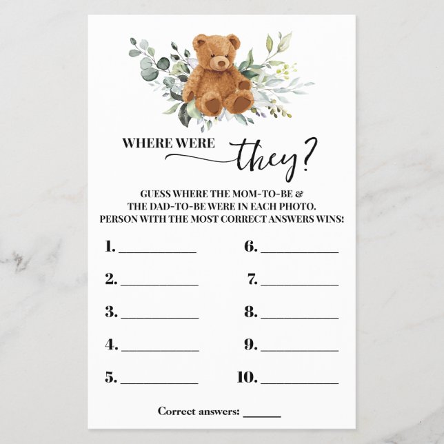 Bear Greenery Wo waren sie Duschspielkarte Flyer (Vorne)