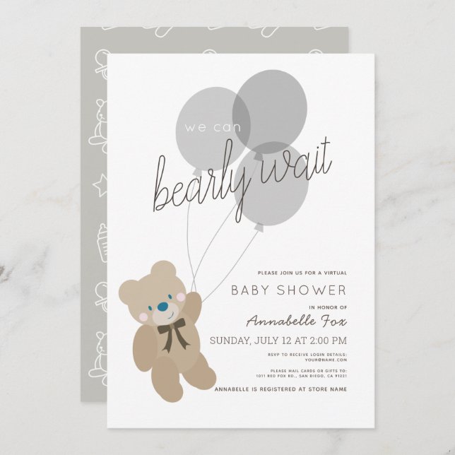 Bear Grey Virtual Baby Dusche warten Einladung (Vorne/Hinten)