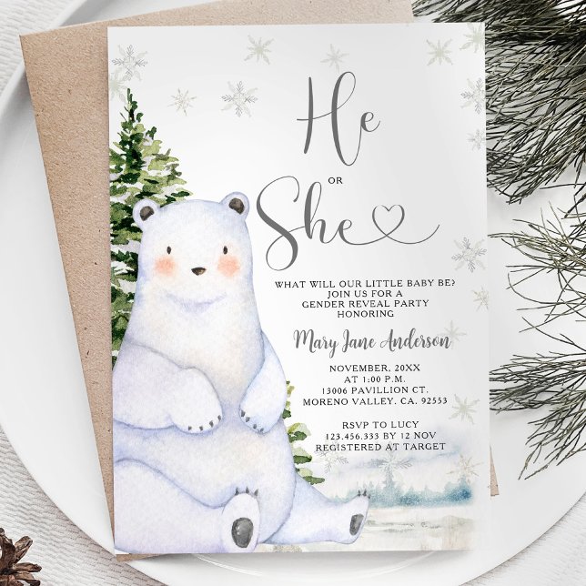 Bear He or she Evergreen Winter Gender Reveal Einladung (Von Creator hochgeladen)