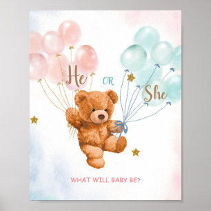 Bear He or She Pink and Blue Balloon Welcome Sign Poster