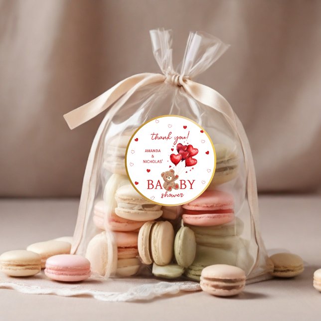 Bear Heart Balloons red Baby Shower Runder Aufkleber (Von Creator hochgeladen)