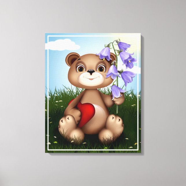 Bear Holding Bouquet Blume-39920 Leinwanddruck (Vorderseite)