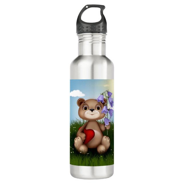 Bear Holding Bouquet Flower-30926 Edelstahlflasche (Vorderseite)