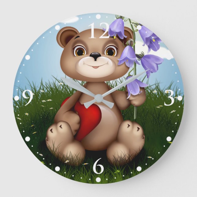 Bear Holding Bouquet Flower-30926 Große Wanduhr (Vorderseite)