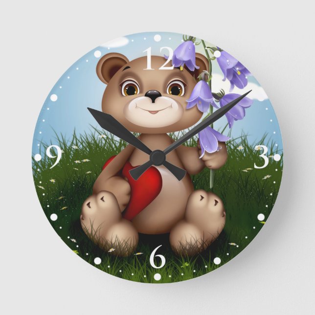 Bear Holding Bouquet Flower-30926 Runde Wanduhr (Vorderseite)