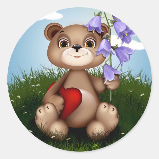 Bear Holding Bouquet Flower-30926 Runder Aufkleber (Vorderseite)