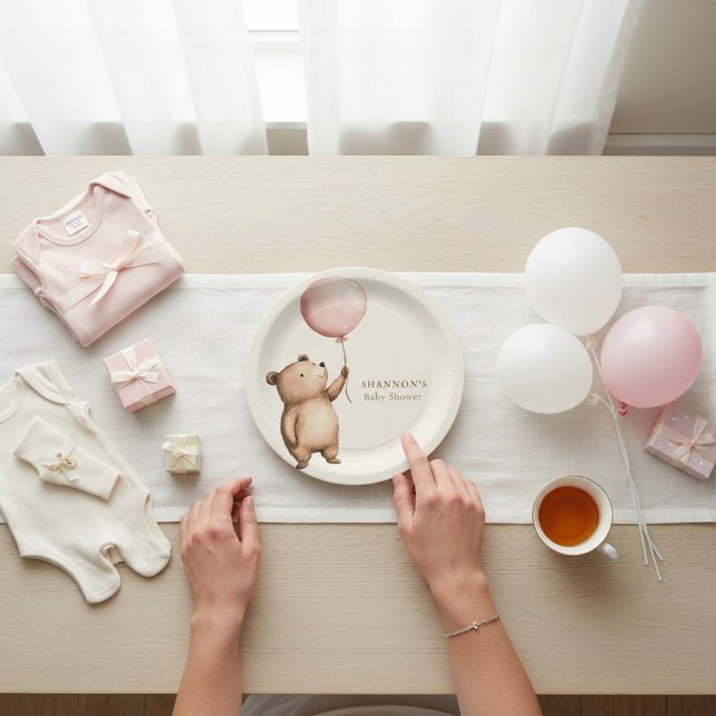 Bear holding pink balloon watercolor baby shower  pappteller (Von Creator hochgeladen)