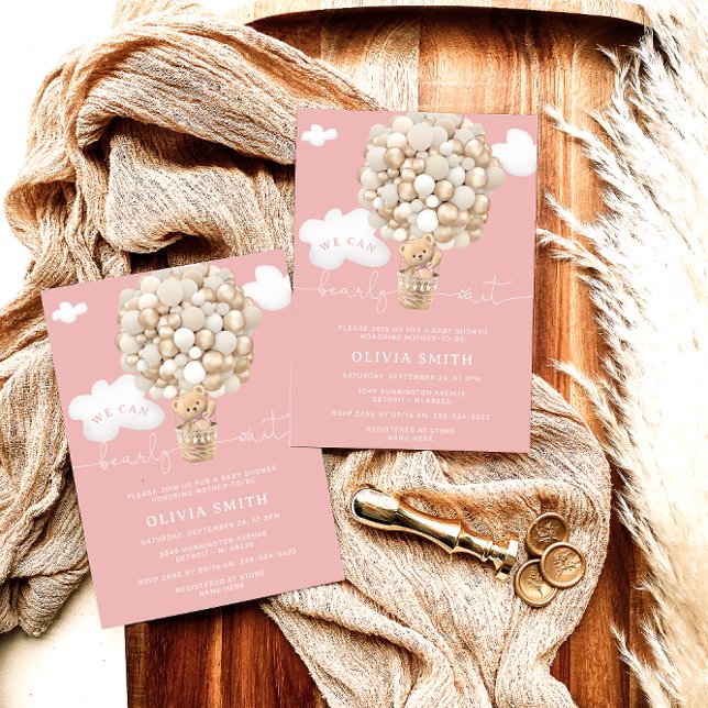 Bear Hot Air Ballon Pink Girl Babydusche Einladung (Von Creator hochgeladen)