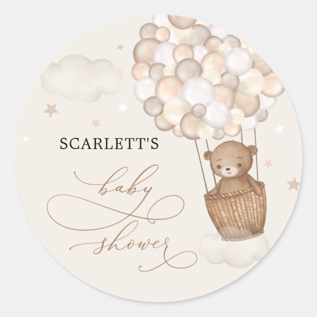 Bear Hot Air Ballon Wolken Stars Babydusche Runder Aufkleber (Vorderseite)