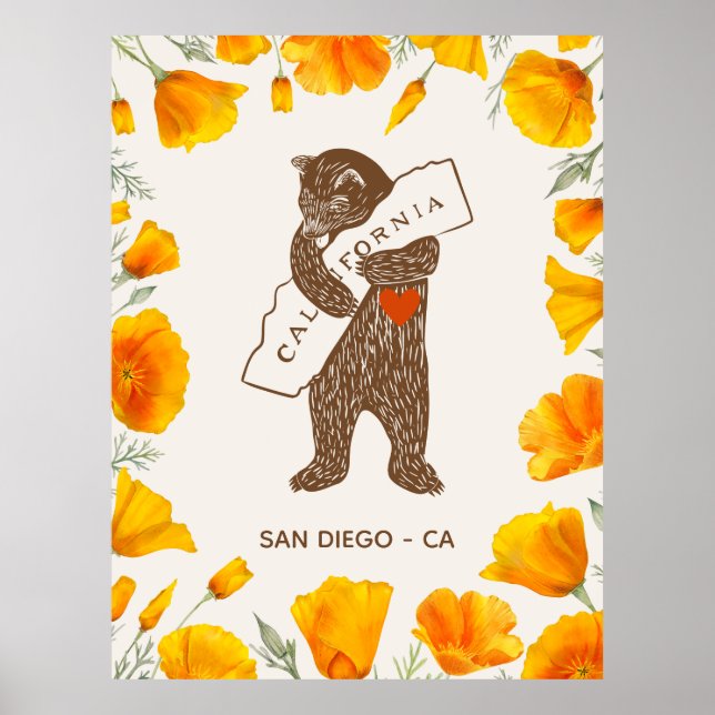 Bear Hugging California Map Poppies Custom Poster (Vorne)