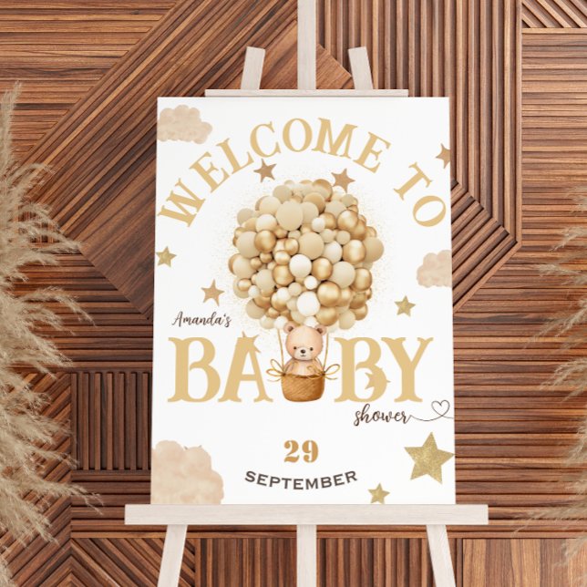 Bear in Basket Gold Beige Baby Dusche willkommen Poster (Von Creator hochgeladen)