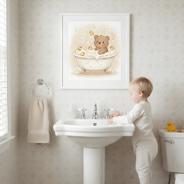 Bear in Bubble Tub Kids Bathroom Wall Art Poster