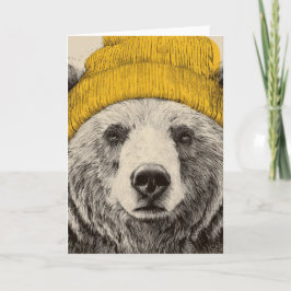 Bear in Yellow Beanie Rustic Woodland Animal  Feiertagskarte