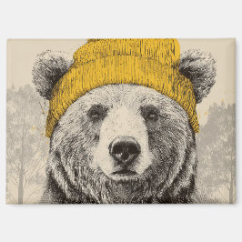 Bear in Yellow Beanie Rustic Woodland Animal  Magnet