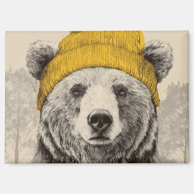Bear in Yellow Beanie Rustic Woodland Animal  Magnet (Vorderseite)