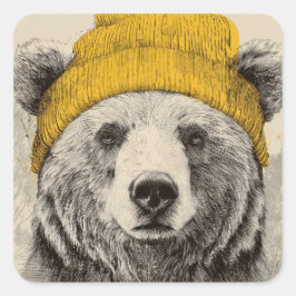 Bear in Yellow Beanie Rustic Woodland Animal  Quadratischer Aufkleber