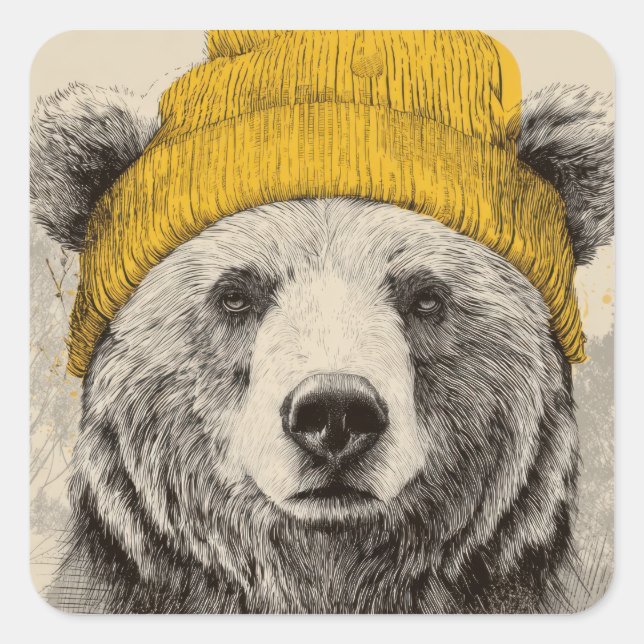 Bear in Yellow Beanie Rustic Woodland Animal  Quadratischer Aufkleber (Vorderseite)