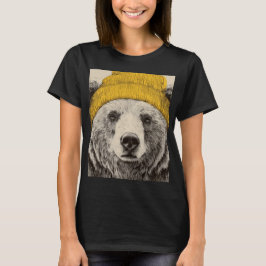 Bear in Yellow Beanie Rustic Woodland Animal  T-Shirt