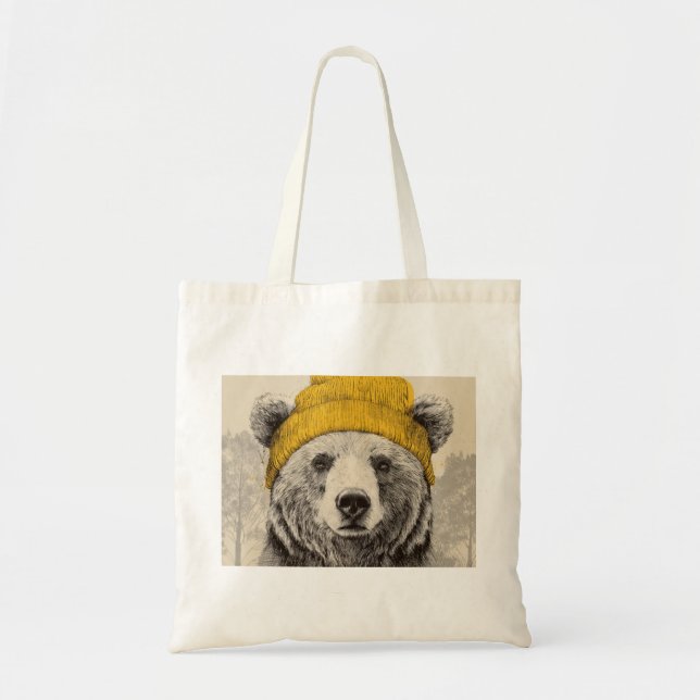 Bear in Yellow Beanie Rustic Woodland Animal  Tragetasche (Vorne)