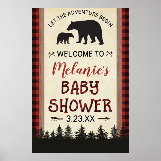 Bear Lumberjack Baby Dusche Begrüßungszeichen Plak Poster (Vorne)