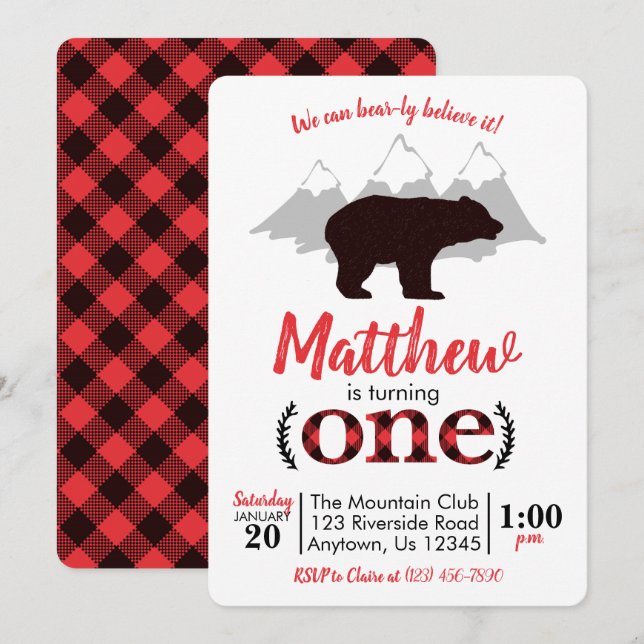 Bear Lumberjack Boy Erster Geburtstag Einladung (Vorne/Hinten)