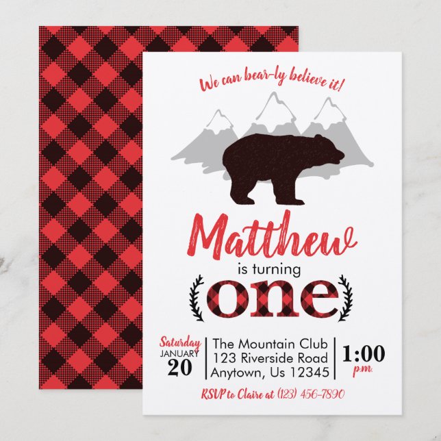 Bear Lumberjack Boy Erster Geburtstag Einladung (Vorne/Hinten)
