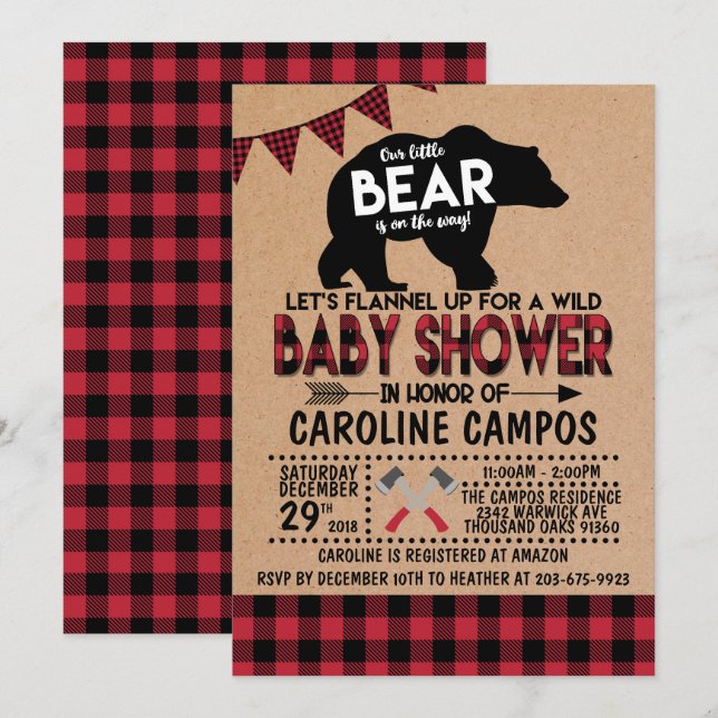 Bear Lumberjack Flannel Babydusche Einladung (Vorne/Hinten)