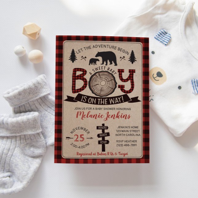 Bear Lumberjack Flannel Boy Baby Dusche Einladung (Von Creator hochgeladen)