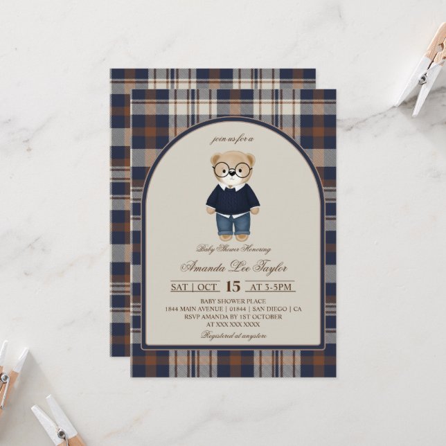 Bear Luxury Plaid Boy Baby Shower Einladung (Vorderseite/Rückseite Beispiel)