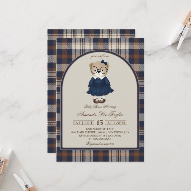 Bear Luxury Plaid Girl Baby Shower Einladung (Vorderseite/Rückseite Beispiel)