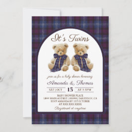 Bear Luxury Tartan Twins Baby Shower Einladung