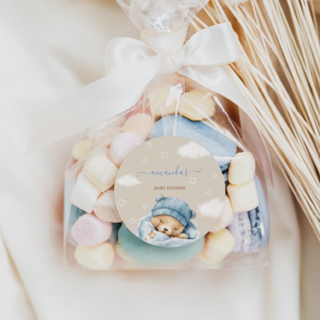 Bear Minimal Blue Baby Boy Dusche Runder Aufkleber (Von Creator hochgeladen)