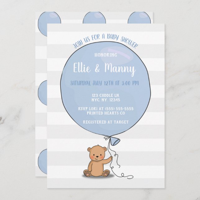 Bear mit Balloon Baby Shower Einladung | Blau (Vorne/Hinten)