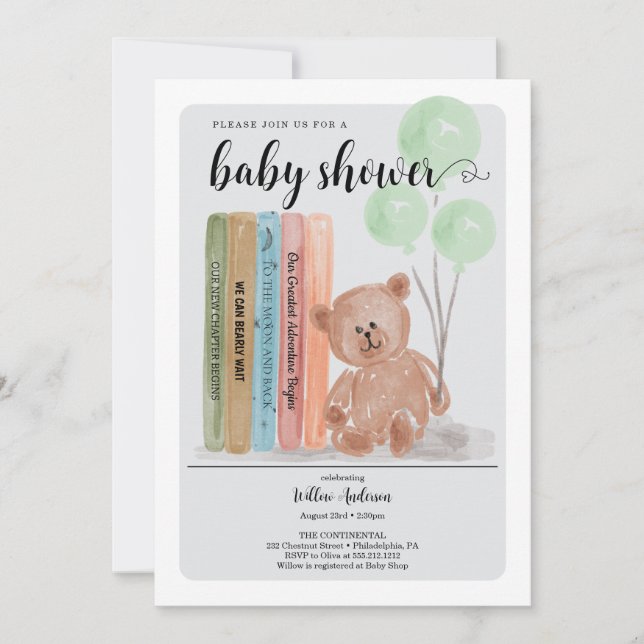 Bear mit Büchern Bearly Wait Green Baby Dusche Einladung (Vorderseite)
