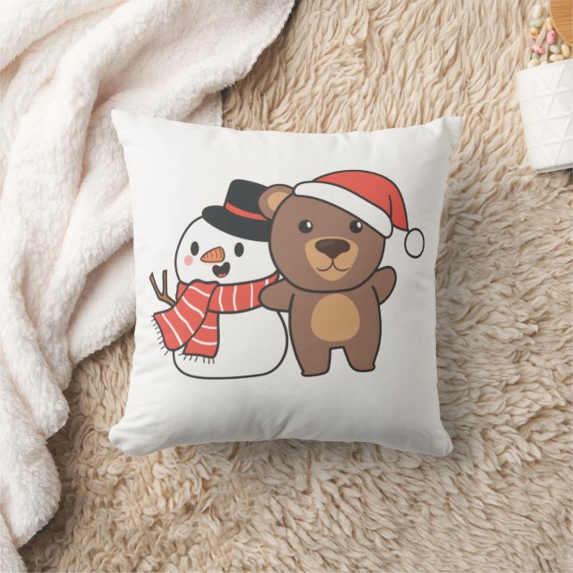 Bear mit Schneemann im Winter für Weihnachts Theme Kissen (Decke)