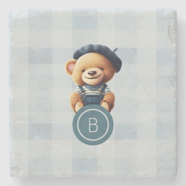 Bear Monogram Blue Gingham Steinuntersetzer (Vorderseite)