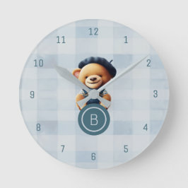 Bear Monogram Blue Gingham Wall Clock Runde Wanduhr