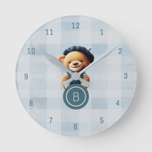Bear Monogram Blue Gingham Wall Clock Runde Wanduhr