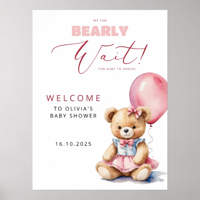 Bear Pink Balloon Girl Babydusche Willkommen Poster (Vorne)