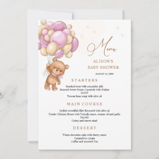 Bear Pink Balloons Baby Shower Menu Einladung