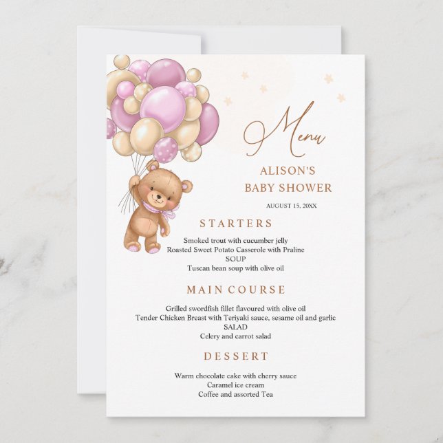 Bear Pink Balloons Baby Shower Menu Einladung (Vorderseite)